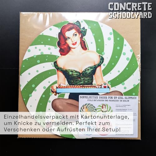 Doppelseitige 60er-Stil Pin Up Girl Slipmats für Plattenspieler | Weich Hochwertiger Filz Turntable Matte Paar | Northern Soul Mod Plattentellerauflage | Produziert in Berlin von Concrete Schoolyard