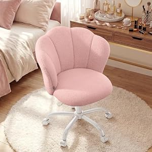 SONGMICS Chaise de Bureau Pivotante 360°, Chaise Coiffeuse Rembourrée, Tissu Peluche, Supporte 110 kg, Dossier en Forme de Pétales, Hauteur Réglable, pour Salon, Chambre, Rose Bonbon OBG030SA01