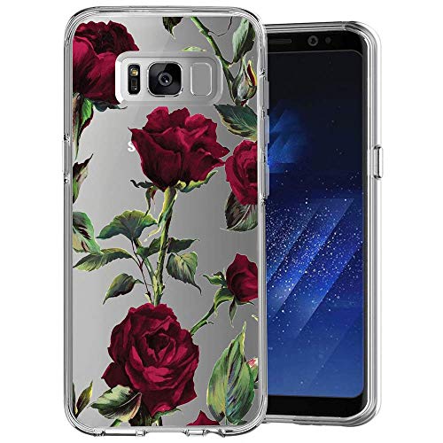 Marside Clear Case for Samsung Galaxy S8 Custom Red Rose Flower Pattern,Transparent Hard Bottom and TPU Soft Slim Flexible Silicone Cover Case Stand for Samsung Galaxy S8