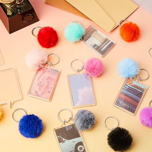 Image of Henoyso 100 Pack Acrylic Photo Keychains with Colorful Pom Poms, 2 x 3 Inch | Double Sided Acrylic Photo Keychains, Easy DIY for Back to School Students Gifts, Classroom Rewards,, Graduation Keepsakes
