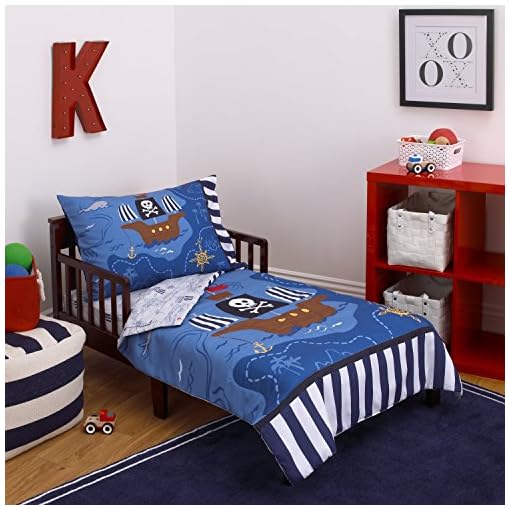Little Tikes 4 Piece Pirates Toddler Bedding Set, Blue/Red/Black, 52"x28"