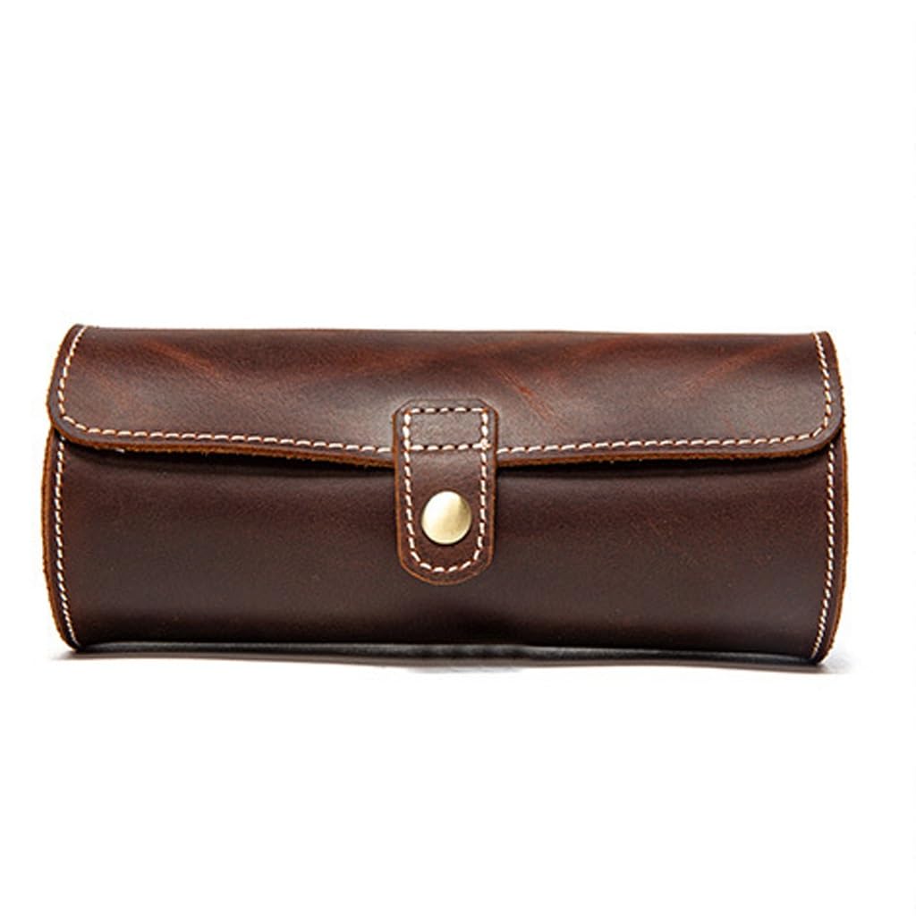 Boîtier de montre en cuir véritable marron et étui de rangement avec pochette ronde à boucle