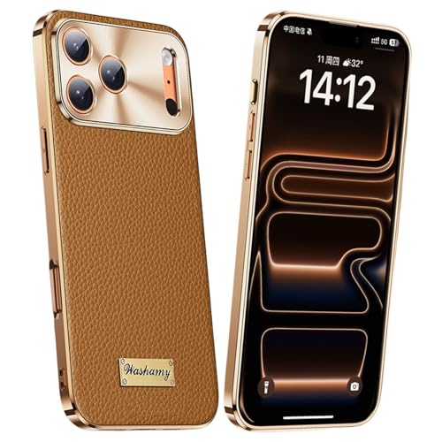 Coque iPhone 17 Pro en cuir véritable marron et cadre galvanisé de luxe