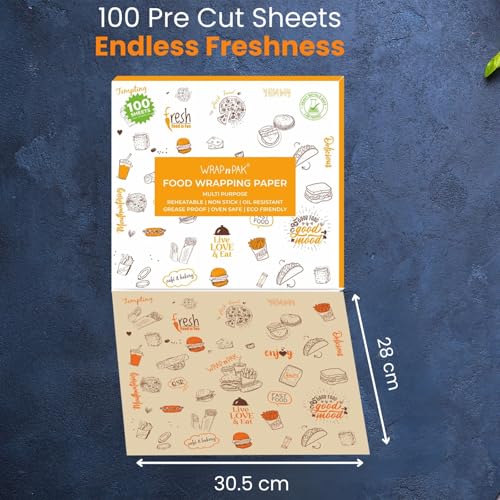 Image of Food Wrapping Paper Sheets (100 Sheets, 11x12 Inch) | Food Grade, FDA Approved | Oil Resistant, Non-Soggy Parchment Paper | Chapati, Burger, Pizza & Sandwich Wrapping (Brown Delight)
