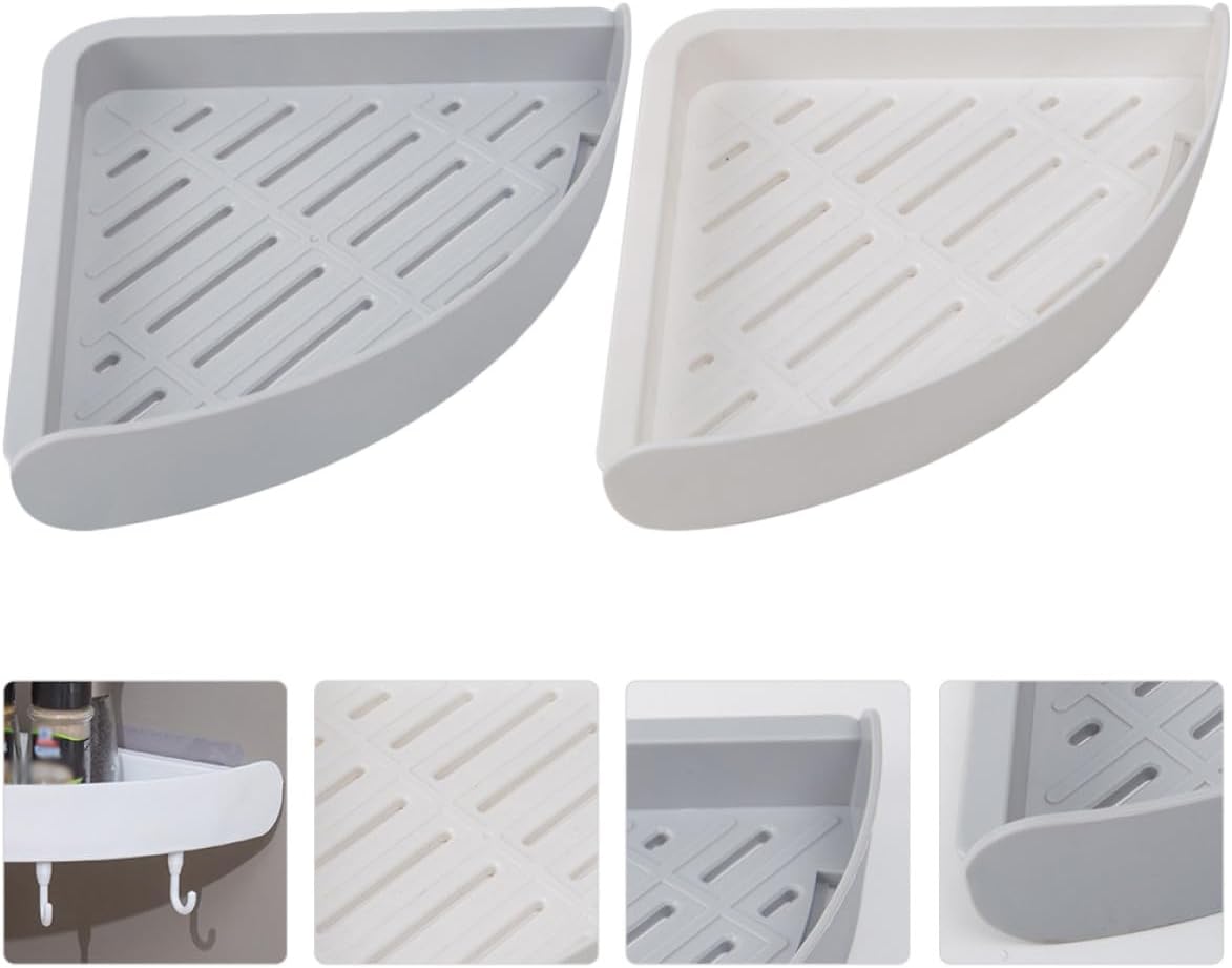 2Pcs Bathroom Corner Storage Racks Triangular Wall Mounted Shelves for Toiletries Space-Saving Compact Design with Strong Adhesion for Humid Environments Grey and White