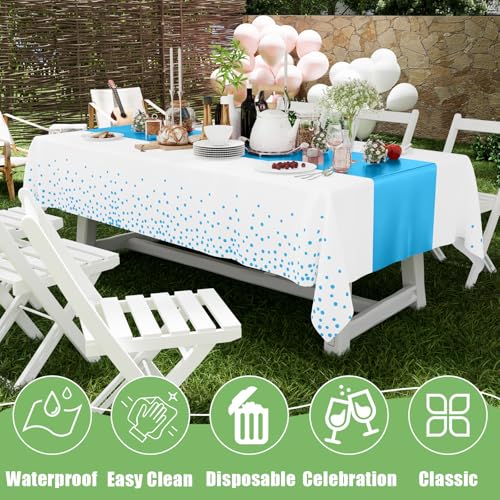 Image of Smiry Plastic Table Cloth Disposable 3 Pack, 54 x 108 Inch Rectangle Waterproof Tablecloth, Printed Gold Table Runner Style for Birthday Weeding, Party Decorations, Leakproof & Sturdy, White and Aqua