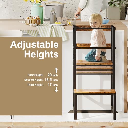 Image of INNOD Kitchen Step Stool for Toddlers, Height Adjustable Toddler Tower with Safety Rail, Steel and Wood Toddler Kitchen Stool Helper Kids, Stool for Kids, Learning Tower, Kids' Desk Brown