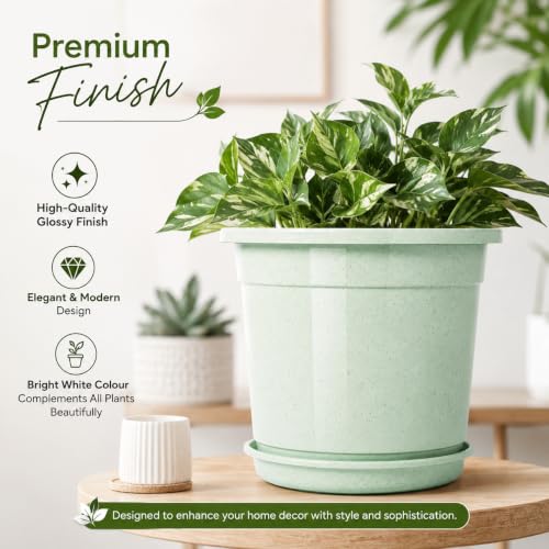 Image of 12 Inch Glossy Plastic Planter with Bottom Plate | Heavy Duty Flower Pot with Tray for Indoor Home Decor, Balcony, Living Room & Outdoor Garden (12 Pot, Mint Sparkle)
