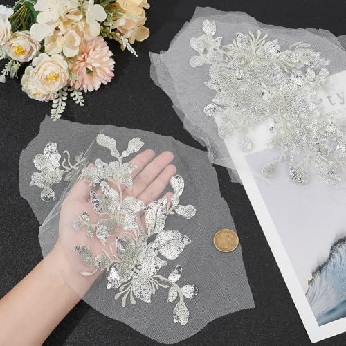 HOBBIESAY 4Pcs Embroidery Sequin Lace Appliques Silver Leaf Flowers Patches Polyester Decorative Floral Appliques Dress Gown Sewing Decorations for Fabric DIY Crafting 29.5x16x0.1cm - Image 3