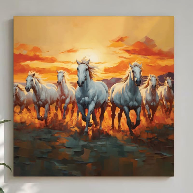 Image of PAINTINGMANTRA 7 Running Horses Vastu Stretched Canvas Painting For Living Room Seven White Horses Wall Art Painting Symbol of Success, Growth & Positive Energy Wall Art for Home & Office, 22x22 Inch