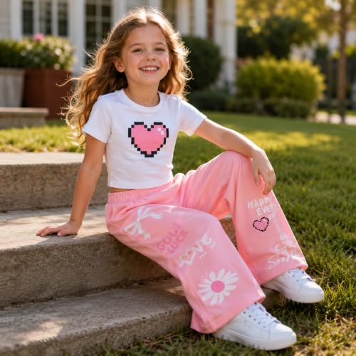 Image of Girls Clothes 2 Piece Cute Pixel Heart-Print Top Graffiti-Print Pants Sets | Trendy Y2K Inspired Outfit with Fitted Top and Wide Leg Bottoms, Casual Streetwear for Teens Girls 7-14Y
