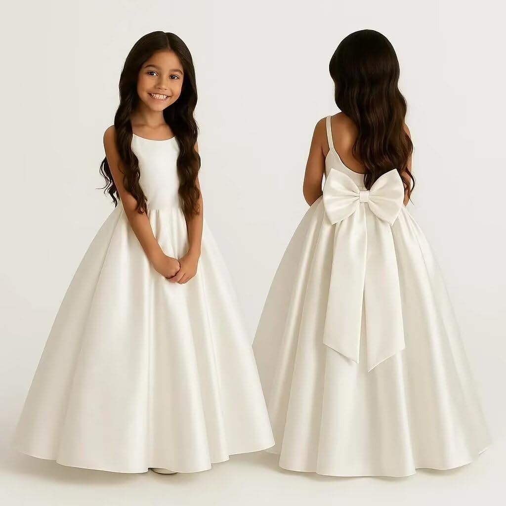 UZN Satin Flower Girl Dress for Wedding Long with Bow Sleeveless First Communion Dresses for Girls - Image 2