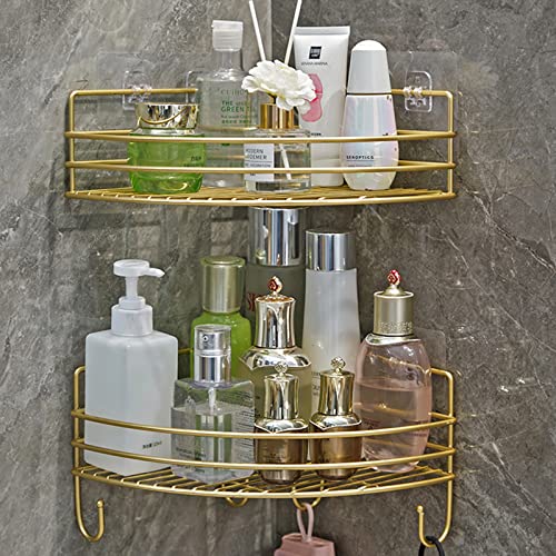 Ryanbem 2 Stück Duschablage Ecke Ohne Bohren Eisenkunst Leichter Luxus Duscheckregal Eckregal Wandhalterung Badezimmer Duschregal Ecke zum Hängen mit Haken Gold Cover