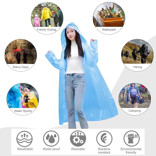 Image of HACER Hooded Raincoat for Women EVA Waterproof Full Length Long Sleeves Lightweight Rainwear with Hood for Adults Camping Hiking Trekking (Pack of 1, Blue, Free Size)