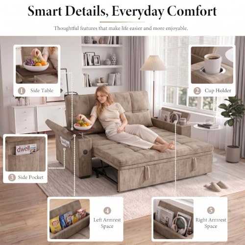 Image of Dreamzie 65'' Convertible Sleeper Sofa Bed with Swivel Side Table, Chenille Pull Out Couch for Living Room, Loveseat Sleeper Couch with Hidden Storage Space | Charging Port | Cup Holders, Brown