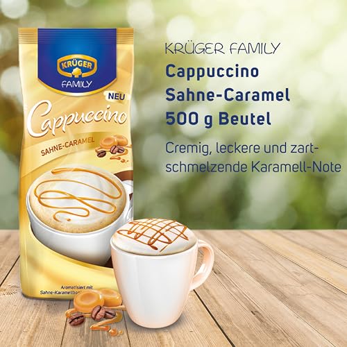 KRÜGER Family Cappuccino Sahne Caramel, aromatisiertes Getränkepulver mit löslichem Bohnenkaffee, koffeinhaltig, 500 g Beutel