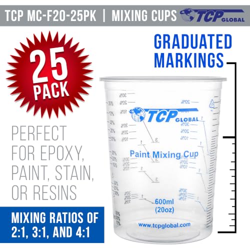 Image of TCP Global 20 oz. (600ml) Graduated Plastic Mixing Cups - Box of 25 - Disposable Plastic Measuring Cups for Liquids, Paints, Resin, Epoxy, Art, Kitchen - Ratios 2-1, 3-1, 4-1 ML