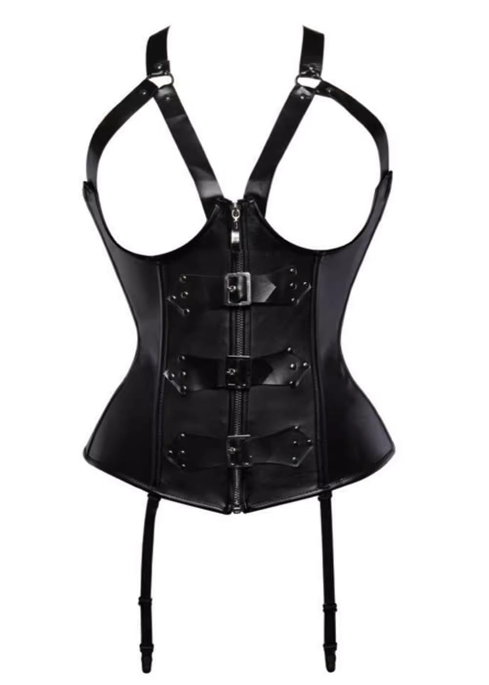 ADELCE Women's Steampunk Faux Leather Bustier Halter Shoulder Straps Underbust Corset Top: X-Large Black-05