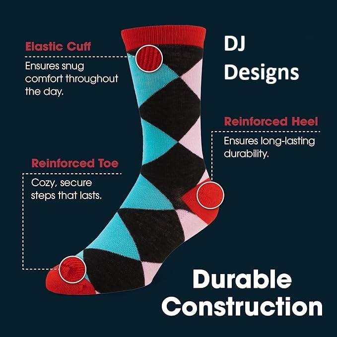 DJ Designs 6 Pairs of Men's Funny Cotton Dress Socks Fits US Shoe Size 7-13 Fun Colorful Crazy Crew Sock3
