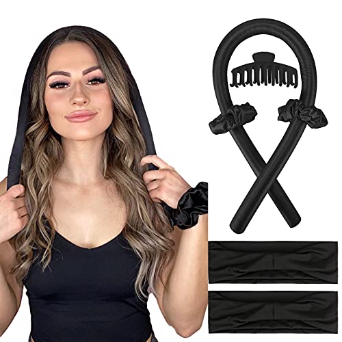 Heatless Hair Curler Rollers, No Heat Flexible Curling Rods Overnight Sleep Styler for Women Natural Long Hair Silk Ribbon Curls with Soft Hairband Scrunchie Clips Tie Set, Absorbent Formers