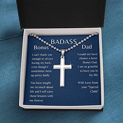 Bonus Dad Fathers Day Gift, Badass Bonus Dad, Step Dad Gift, Gift for Bonus Dad, Christmas, Birthday, Necklace, Worlds Best Bonus Dad, Anniversary Gift, Necklace Jewelry With Message Card & Box