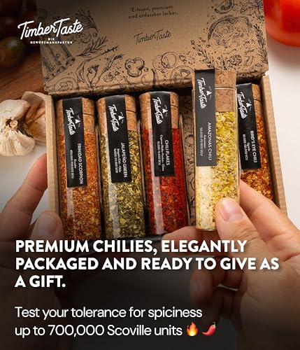 Image of TIMBER TASTE Chili Hot Spice Sampler Set - 5 Scoville-Rated Blends up to 700,000 SHU Cayenne Habanero Chipotle | Spicy Mens Gifts BBQ Seasoning Gift Set | Gourmet Heat Kit - Birthday Gift for Him