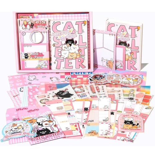 Image of VOTDOT Paper Junk Journal & Scrapbook Kit, Scrapbooking Supplies Kit with Creative Decor Journaling Supplies, Stationery, Stickers, A6 Grid Notebook with Graph Ruled Page Gift for Girl (Cats Letter)