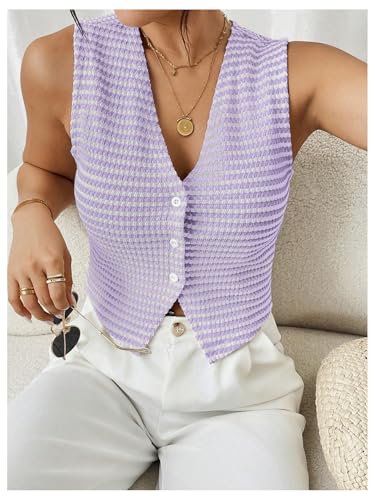 OYOANGLE Women's Striped Button Front V Neck Knit Vest Top Slit Hem Dressy Tank Tops4