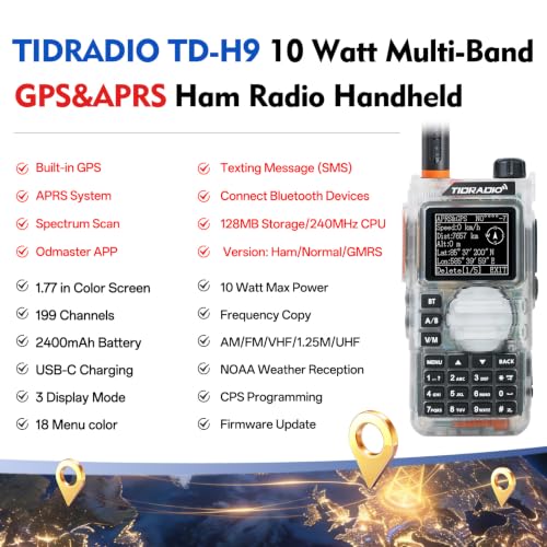 Image of TIDRADIO TD-H9 10Watt GPS&APRS Multi-Band Ham Radio Capable of Bluetooth Connectivity; Wireless Programming; Spectrum Analysis;SMS Message Text; NOAA Weather Receiver Handheld Two Way Radio (Crystal)