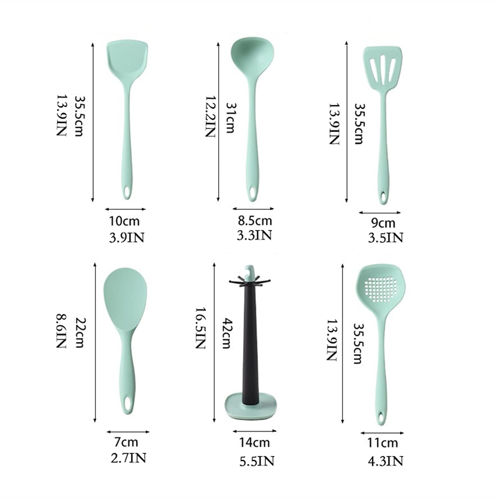 Espátula Juego de espátula de silicona: 6 piezas de utensilios de cocina, incluye espátula, cuchara for sopa, espátula for freír, colador, cuchara for arroz, estante de almacenamiento, espát