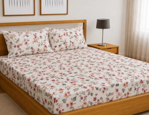Image of Fitted Bedsheet White Soft Floral Print Glace Cotton 210 TC | Single Size for Single Bed Fits 3 x 6.25 ft Mattress (36 x 75 Inch) | All Around Elastic | 2 Pillow Cover | 7 Inch Deep Pocket