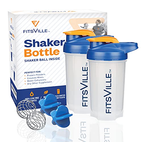 FITSVILLE [2 Pack] Sports Shaker Bottle - Protein Powder, Creatine Mix, Water Enhancer, Supplements | 100% Leak Free, BPA Free, Stain & Odor Resistant | x4 Shaker Balls â€“ x2Orange 20oz