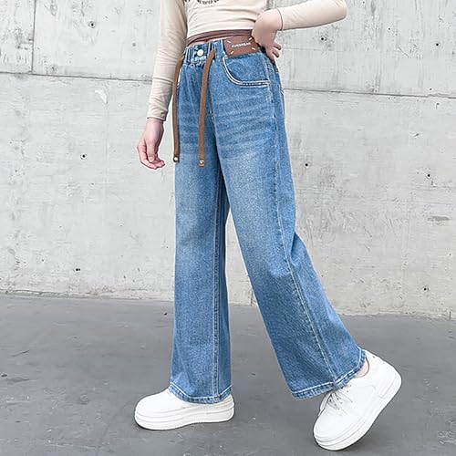 Stylish Girls Wide Leg Denim Jeans Casual Pants with Drawstring High Waist and Pockets for Everyday Wear4