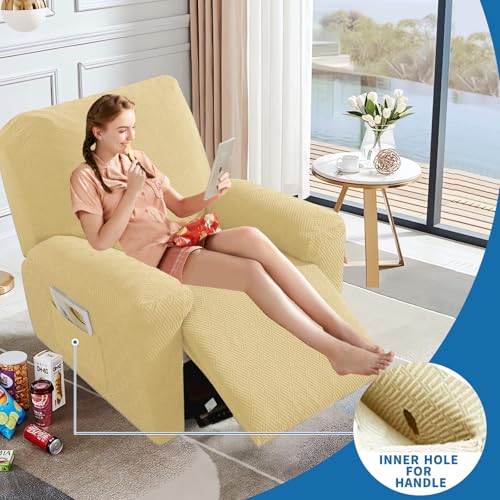 XINEAGE 4-Piece Recliner Cover Stretch Jacquard Slipcover with Pocket, Washable Recliner Chair Protector for Kids, Pets, Dogs, Cats (Beige)