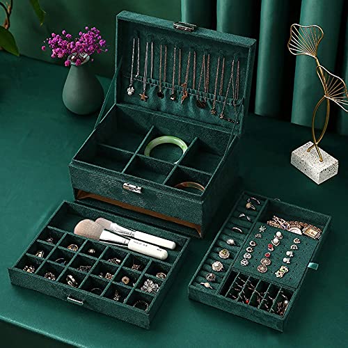 Image of Velvet Three Layer New Vintage Flannel Jewelry Box Earrings Earrings Rings Necklace Bracelets Jewelry Organiser Storage Case With Drawer For Girls Women Dark Green (Multicolour)