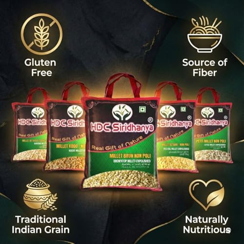 Image of HDC Siridhanya Positive Millets whole grain Combo Pack of 10, Total 9200gm | Little, Foxtail, Kodo, Barnyard & Brown top | 920 g Each Bag, | Vacuum Packed |Unpolished | Gluten free |Vegan| Sourced from Andhra Pradesh