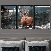 3 Piece Framed Canvas Wall Art Spiritual Being Animals Deer Expressive Impressionism Rustic - 16