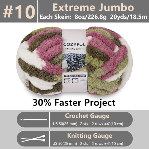 Image of Cozyful Chunky Yarn for Hand Knitting - #10 Chunky Chenille Blanket Yarn, Jumbo Big Thick Chunky Yarns for Crocheting, Tie Dye Bulky Knit Yarns, 8 Skein (20 yds 8 oz Each Skein), Multi Green&Plum