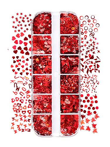 Heart Nail Art Glitter Sequins, Holographic Valentine’s Day Nail Sequin Paillettes 12 Grids 3D Heart Star Butterfly Letter Leaf Nail Glitter Flakes For Women Diy Nail Art Decorations Manicure Design #TOP5