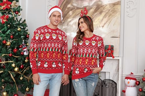 Image of Aiboria Matching Family Ugly Christmas Reindeer Snowflakes Sweater Pullover for Women /Men /Boys /Girls