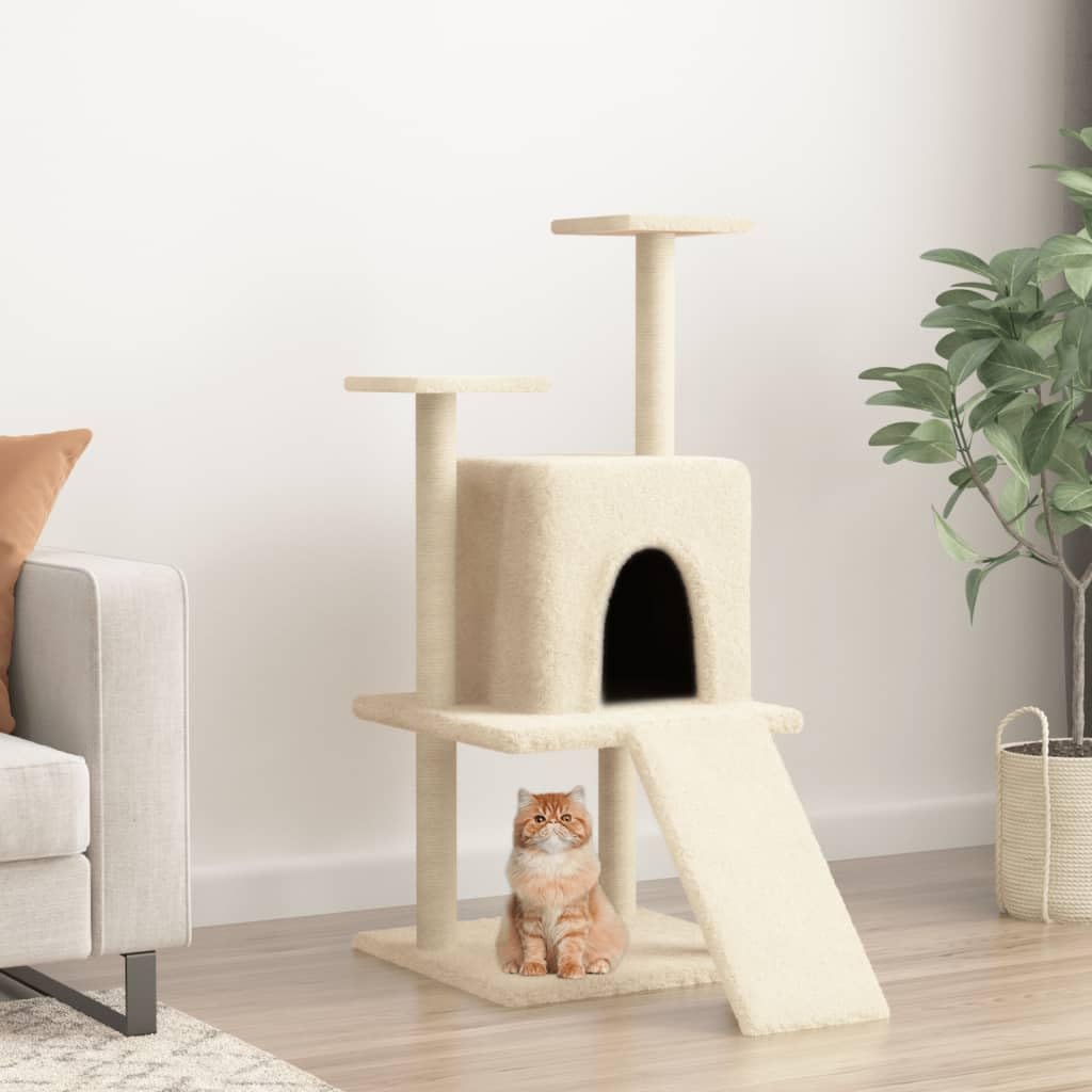 Tiragraffi per gatti in legno, colonna tiragraffi in sisal, albero da arrampicata con grotta, amaca, piattaforma e tiragraffi, torre da gioco in peluche per soggiorno e uso interno, 110 cm