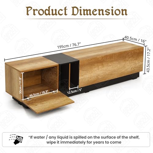 Image of ABOUT SPACE TV Unit - Engineered Wooden TV Stand Table Cabinet with Drop Down Doors & Split Open Compartment, Cable Hole for WiFi Router Stand for Living Room (CM Oak& Black-L190.5 x B40.5 x H43.5 cm)