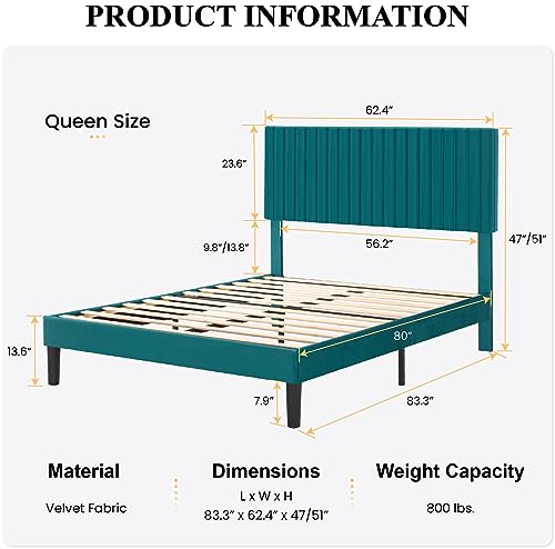 Image of SHA CERLIN Queen Upholstered Platform Bed Frame with Vertical Channel Tufted Velvet Fabric Adjustable Headboard, Wooden Slats Support, Mattress Foundation, Box Spring Optional, Teal