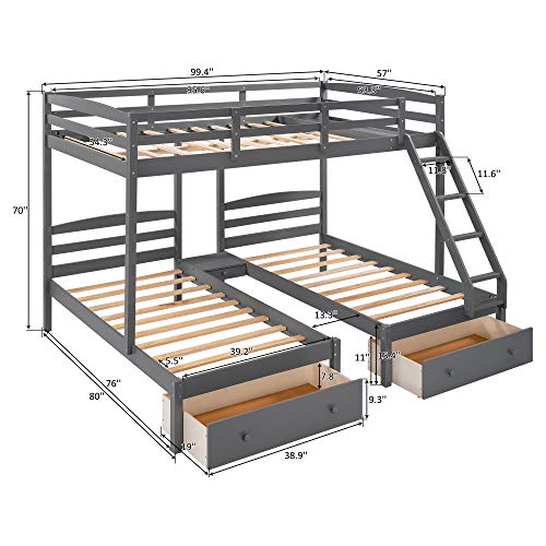 Triple Bunk Bed Full Over 2 Twin Bunk Bed With 3 Drawers And Guardrails, Bunk Bed For Family, Teens, No Box Spring Needed #TOP1