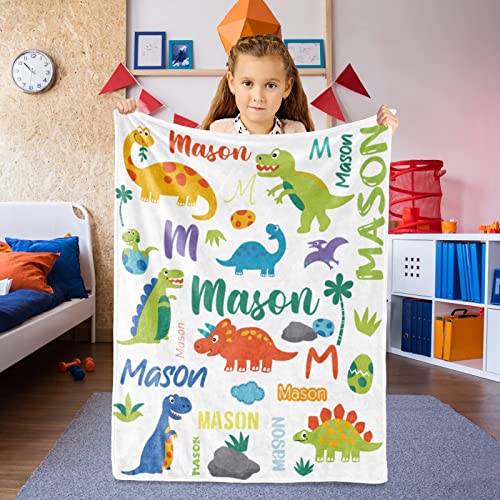Image of Personalized Dinosaur Blanket with Name for Boy Custom Name Blanket for Kid