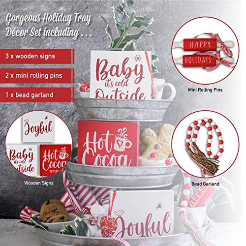 Starpack Home Farmhouse Christmas Decor Set For Tiered Trays – 3 Small Wooden Signs, 2 Mini Rolling Pins & 1 Holiday Bead Garland #TOP2