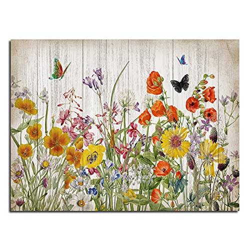Qtespeii Framed Flower Wall Art Yellow Orange Wildflowers And Butterfly Painting Colorful Floral Picture Room Decor For Teen Girls Farmhouse Bathroom Decor Vintage Home Decoration 12"X16" 1 Piece #TOP6