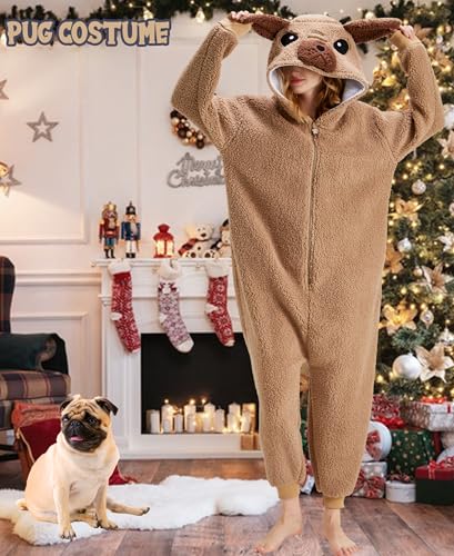 sazpajacos Mops Einteiliger Pyjamas Mops Kostüm Tier Nachtwäsche Cartoon Mops Onesie Frauen Männer Weihnachten Karneval Cosplay Kostüm, Hellbraun M