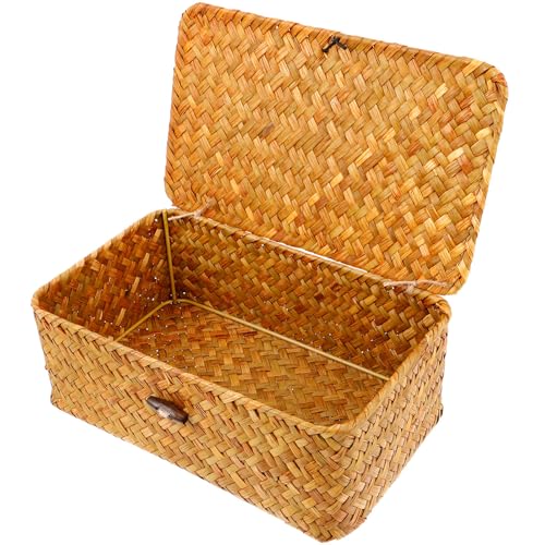 Panier tressé en herbe couvercle orange robuste et rigide multi-usage