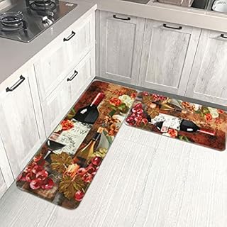 Yugarlibi Kitchen Rugs Mats, 2 Piece Anti-Fatigue Non-Slip Washable Standing Kitchen Mat, Cushioned Absorbent Comfort Wine Kitchen Runner for Dining Kitchen Home Office 44x76+44x120cm